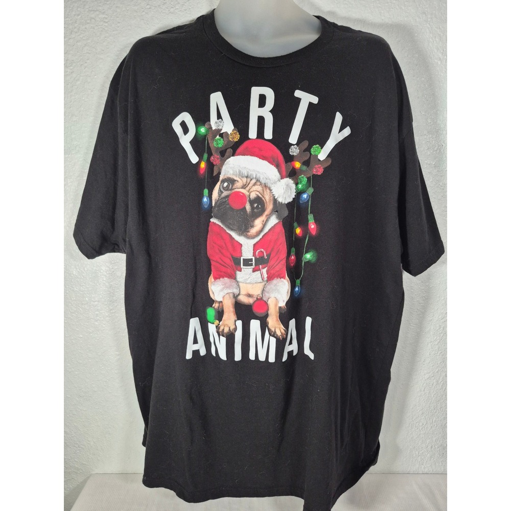 Mens Black "Party Animal" Christmas Pug Santa Reindeer Graphic T-Shirt 2XL